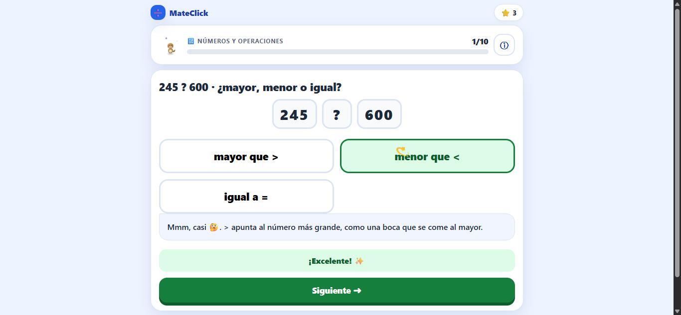 Retroalimentación positiva en MateClick tras responder correctamente
