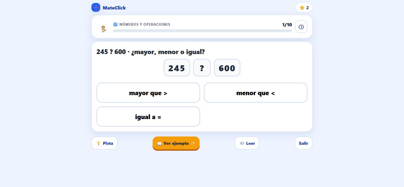 Ejercicio de MateClick comparando dos números