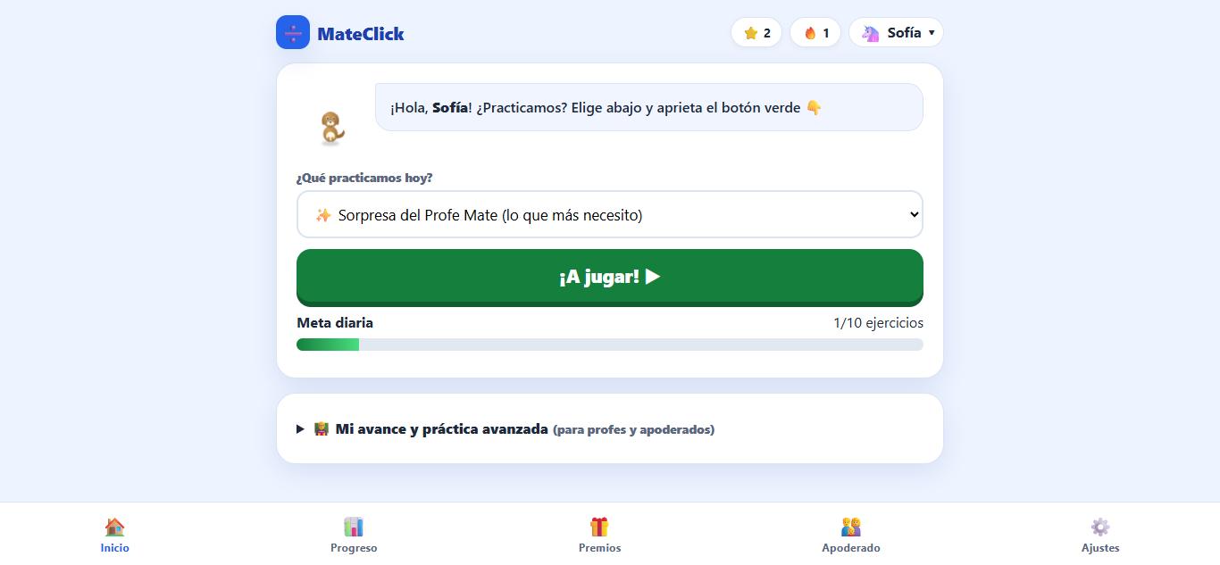 Panel de inicio de MateClick con la meta diaria y el botón A jugar